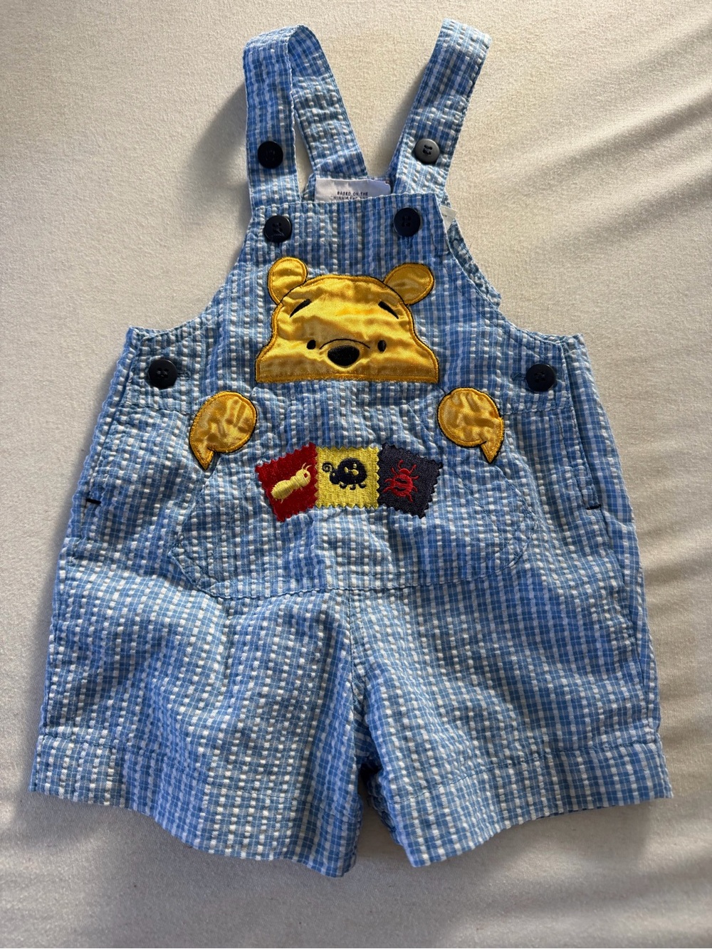 Vintage collection Disney Blue Seersucker Winnie the Pooh Appliqué Overalls